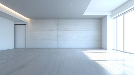 Minimalistic abstract light grey wall background for product presentation with sunlight shadow,  empty room with wooden floor and concrete wall.