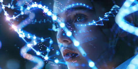 a researcher in a lab, with holographic DNA strands and scientific data floating around them