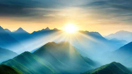 Landscape background wallpaper Majestic mountain range at sunrise with warm light illuminating peaks