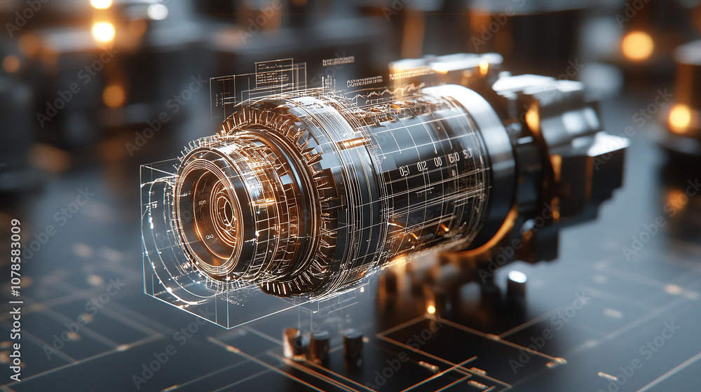 Poster futuristic mechanical engine core 3d model design with intricate details and glowing elements, showc
