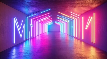 Colorful neon lights form an archway in a dark room, creating an abstract and futuristic atmosphere.
