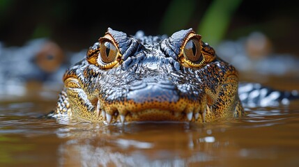 Obraz premium Close-up of a crocodile's face emerging from the water.