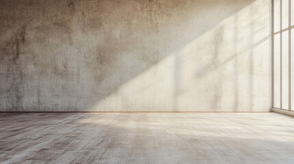 Minimalistic abstract light grey wall background for product presentation with sunlight shadow,  empty room with wooden floor and concrete wall.