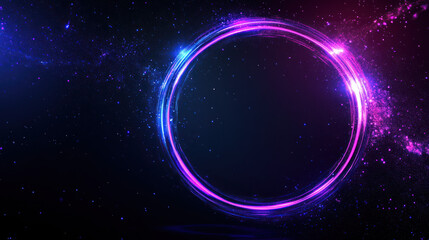 Obraz premium Abstract glowing circle with pink and blue neon light on a dark background.