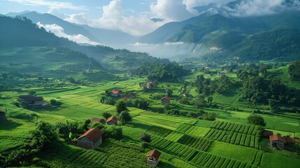 Beautiful aerial landscape on green background. Natural background. Aerial view of green fields. Pasture landscape. Dramatic aerial view of idyllic rolling patchwork farmland with beautiful wooded bor