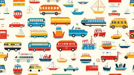 Obraz premium A seamless transportation vector pattern with colorful vehicles such as buses, trucks, and boats. 