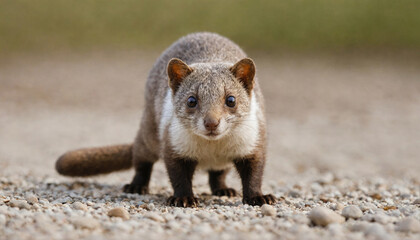 Fototapeta premium A small, grey and white civet looks curiously at the camera on a gravel path