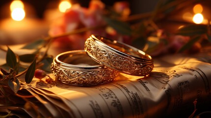 Two gold wedding rings on an open book, creating a romantic, timeless scene of love and marriage.