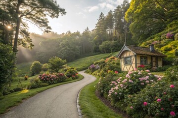 Fototapeta premium Serene Pathway Leading to a Tiny House Amidst Lush Greenery in a Panoramic Landscape Perfect for Tranquil Living and Nature Retreats