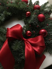 Christmas wreath made of fir branches with red ornaments and satin bow, festive holiday decor symbolizing joy and warmth in vibrant red hue
