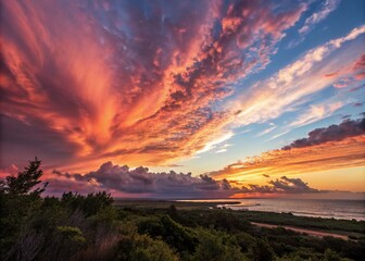 Obraz premium Serene Portrait Photography of a Breathtaking Sky with Dramatic Clouds in Vivid Colors Capturing the Essence of Nature's Beauty During Golden Hour
