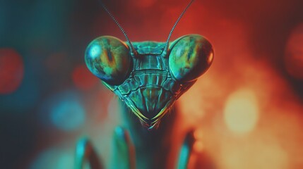 Close-up of a praying mantis's face with large green eyes, focused on a blurry bokeh background in warm tones.