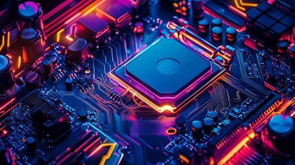 Obraz premium Close-Up of a Modern Gaming Desktop Graphic Card with Colorful LED Lighting and Advanced Cooling Features for Enhanced Performance and Aesthetics