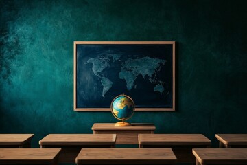 A Bright and Inviting Classroom Setup Featuring Wooden Desks, Chalkboard, and a Globe, Perfect for Educational Environments and Learning Spaces