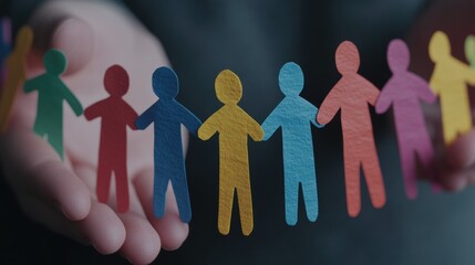 Colorful Paper Cutouts of Linked Figures Held Together in Hands During a Creative Arts and Crafts Activity, Showcasing Teamwork and Community Spirit in a Comfortable Indoor Setting