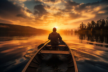 Man in a boat watching at sunset generative AI illustration