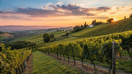 Serene Vineyard Landscape with Rolling Hills and Sunset Glow, Capturing the Essence of Wine Country and Nature's Beauty for Wine Card Design and Marketing