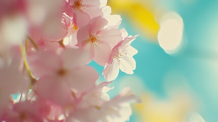 Fototapeta premium Delicate Cherry Blossoms in Spring With a Soft-Focus Background Highlighting Vibrant Colors and a Serene Atmosphere Under Bright Sunlight