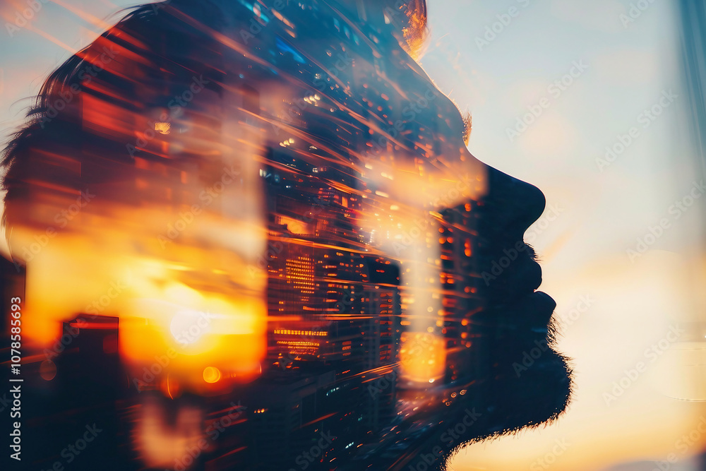 Poster a double exposure image showing a silhouette of a worker against a backdrop of city lights generativ