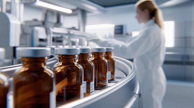 A Technician Inspects Vials on a Conveyor Belt in a Modern Pharmaceutical Laboratory During the Production Process of Medication in a Sterile Environment