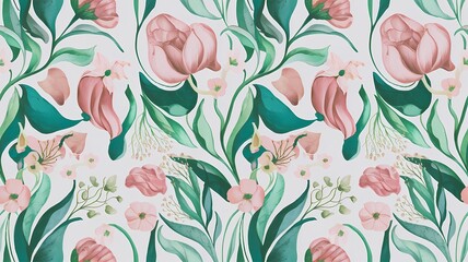 Romantic Watercolor Floral Pattern with Pink Blooms for Wrapping Paper