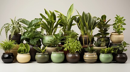 Obraz premium Assorted houseplants in ceramic pots on a transparent background, perfect for decor inspiration.
