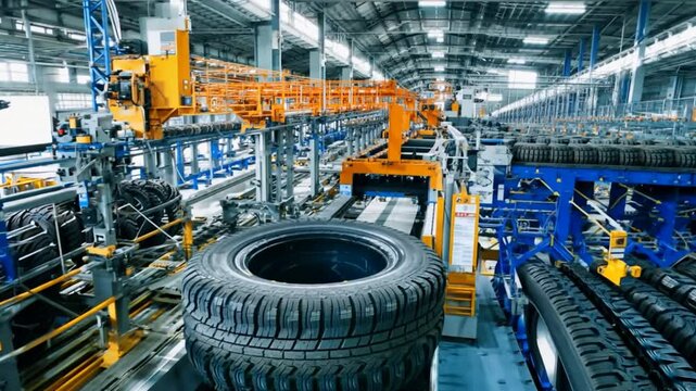 Expansive view of tire factory, production line on top for vulcanizing, with material prep stations underneath.