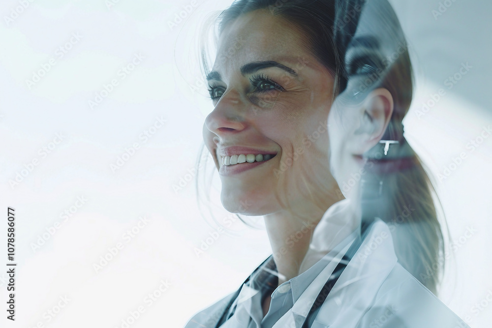 Poster a double exposure image of a hospital worker in laboratory generative ai