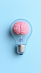 A creative image of a light bulb with a pink brain, symbolizing innovative ideas and cognitive brilliance on a light blue background.