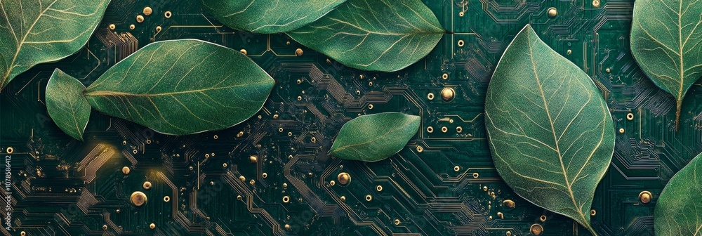 Poster harmony of nature and technology - abstract fusion of plant leaves and circuit board patterns in gre
