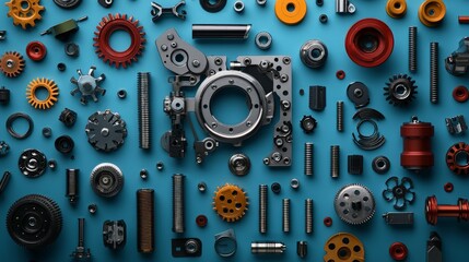 Disassembled Mechanical Parts Arranged Aesthetically on Clean Surface with Various Components Displayed for Industrial and Engineering Backgrounds