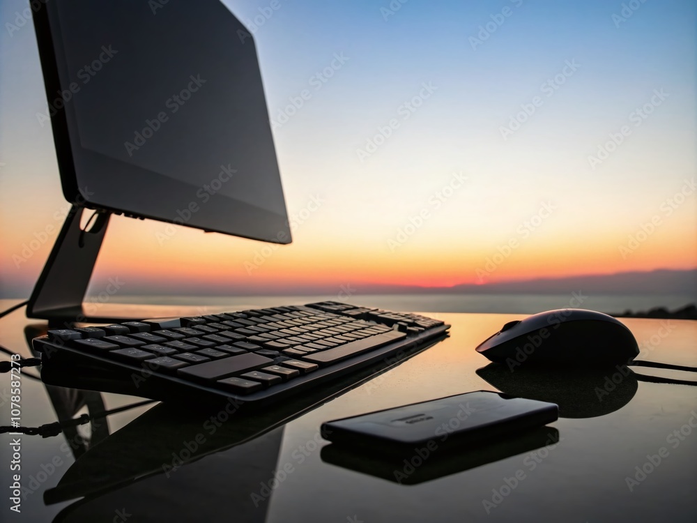 Aufkleber silhouette of a computer and accessories against a gradient background, perfect for educational and 