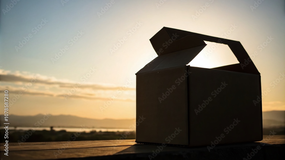 Poster silhouette of a cardboard box with blank label mockup against a soft gradient background, ideal for 