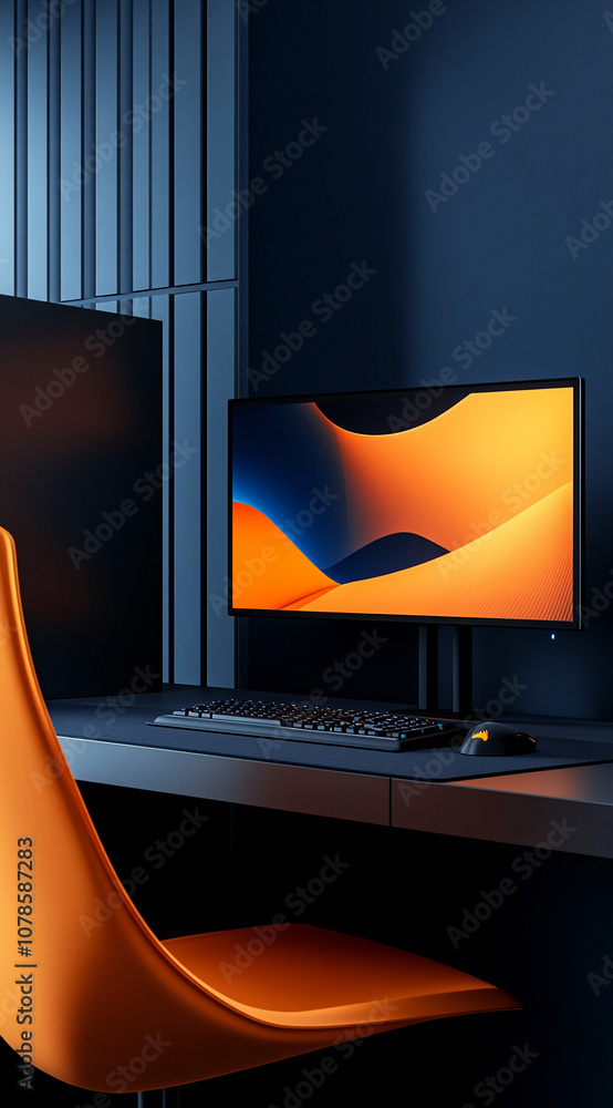 Poster A black computer monitor with a colorful wallpaper sits on a desk, with a keyboard and mouse beside it