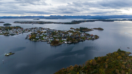 Aerial View of Coastal Village and Islands