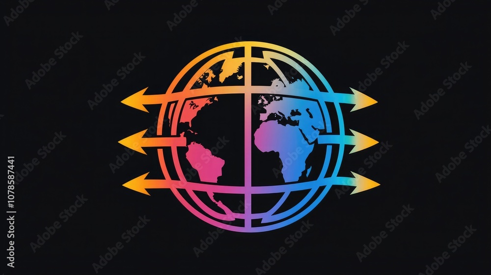 Poster a vector logo of a globe with arrows, symbolizing global transportation services.