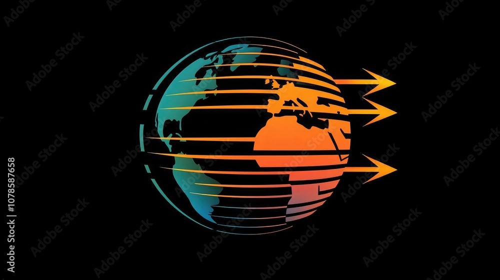 Poster a vector logo of a globe with arrows, symbolizing global transportation services.