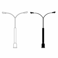 street lamp outline illustration in two contrasting styles.white outline on the left and solid black silhouette on the right. Double Arm Street Light Illustration.Y-Shape Street Lamp Vector