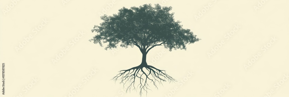 Poster harmonious fusion - illustration of a tree with mechanical roots representing the union of nature an