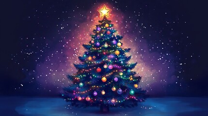 A beautifully decorated Christmas tree adorned with sparkling lights, colorful ornaments, and a star on top, creating a warm and festive holiday atmosphere