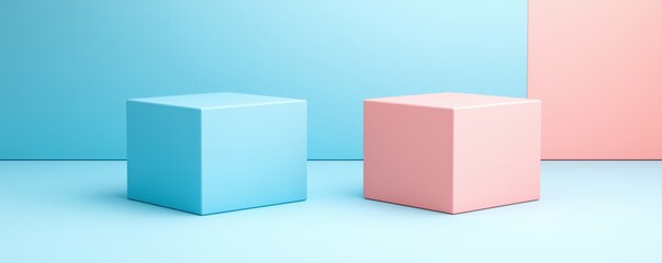 Two simple geometric cubes in pastel colors, blue and pink, against a minimalistic pastel background for modern design projects.