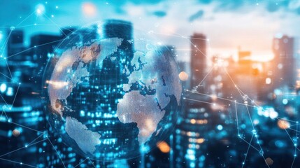 A globe with a network of connections superimposed over a blurry cityscape background.
