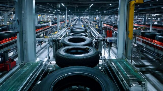 Expansive view of tire factory, production line on top for vulcanizing, with material prep stations underneath.