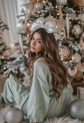 .A girl with long brown hair, wearing white tights and an olive green dress, is sitting on the floor. She decorates a Christmas tree with silver balls