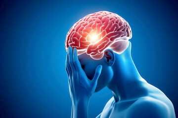 Illustration of person with highlighted brain holding their temples experiencing headache or stress