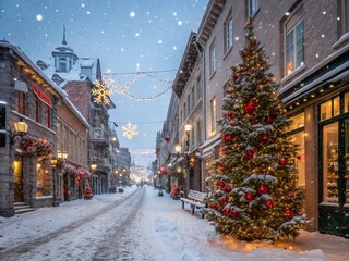 Obraz premium Snowy City Street with Christmas Decorations and a Festive Tree Amidst Glowing Lights and Winter Wonderland Vibes Perfect for Seasonal Fashion Photography