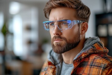 Fototapeta premium A man with a beard wears high-tech glasses while focused in a contemporary office.