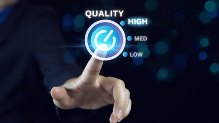 Obraz premium High quality level concept Quality management improvement. Standardization, certification concept. Compliance to regulations and standards.