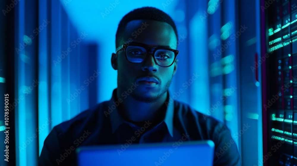 Aufkleber a man wearing glasses is sitting in front of a computer with a laptop
