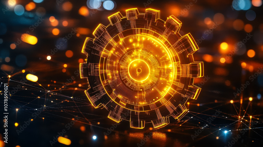 Poster digital gear icon with data streams for ai system optimization and automation